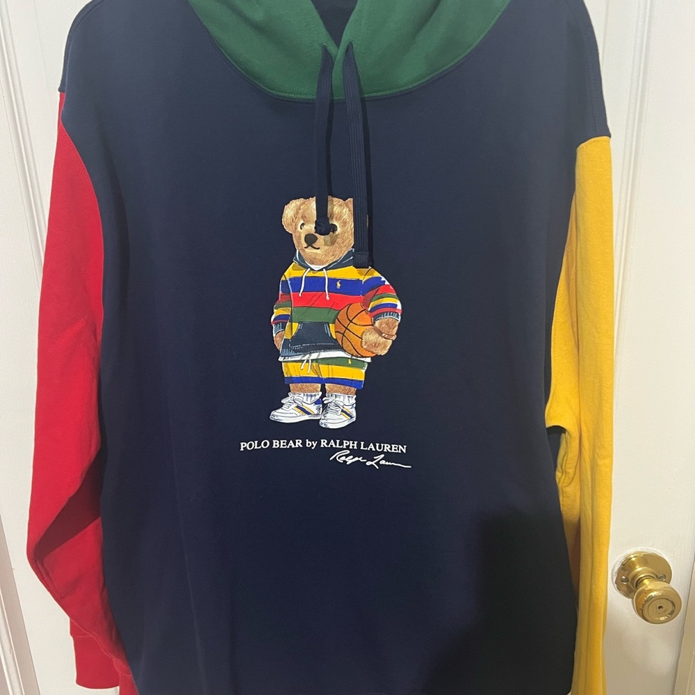 Ralph Lauren Red Navy Green Colorblock Polo Basketball Bear Hoodie XXL Like New